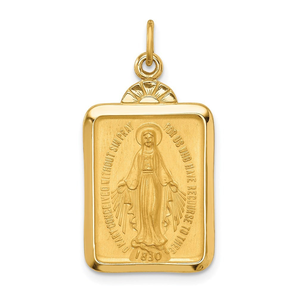14k Yellow Gold Solid Polished Satin Rectangle w Fan Top Miraculous Medal