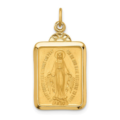 14k Yellow Gold Solid Polished Satin Rectangle w Fan Top Miraculous Medal
