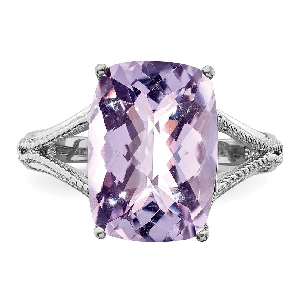 Sterling Silver Rhodium Checker-Cut Pink Quartz Ring Size 7