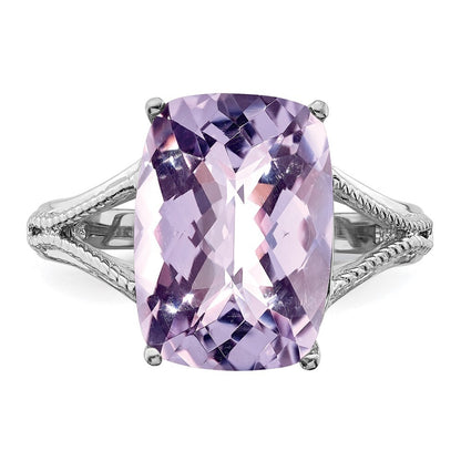Sterling Silver Rhodium Checker-Cut Pink Quartz Ring Size 7