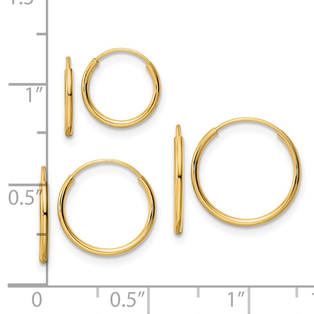 14k Yellow Gold Polished Endless Hoop 3 Piece Set Gift for Women