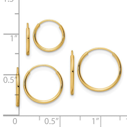 14k Yellow Gold Polished Endless Hoop 3 Piece Set Gift for Women