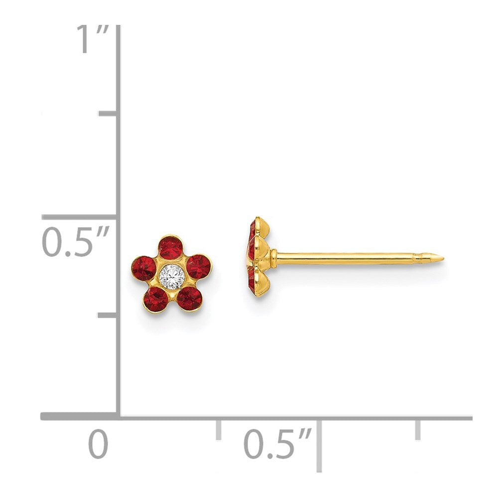 14k Yellow Gold July Red Crystal Birthstone Flower Stud Earrings