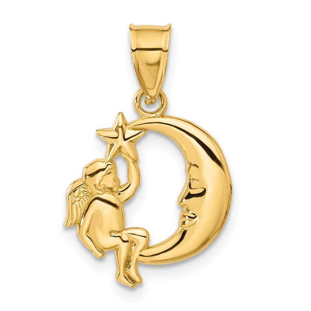 14k Yellow Gold Angel, Moon and Star Pendant for Women