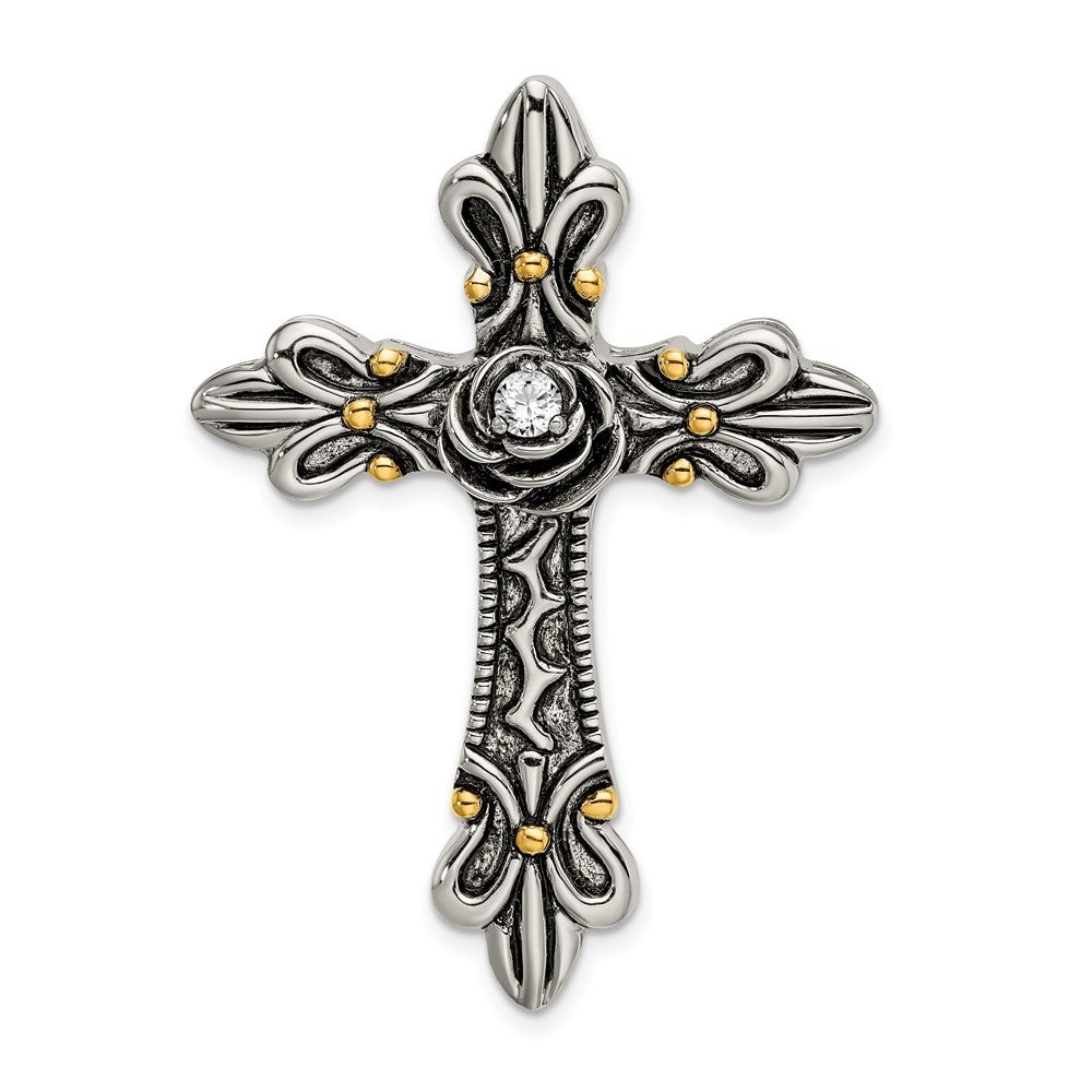 Sterling Silver Gold-plated Cubic Zirconia Antiqued Cross Slide