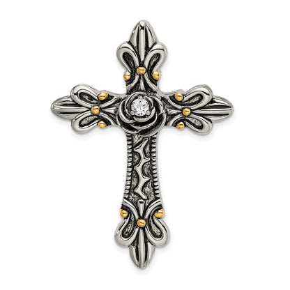 Sterling Silver Gold-plated Cubic Zirconia Antiqued Cross Slide