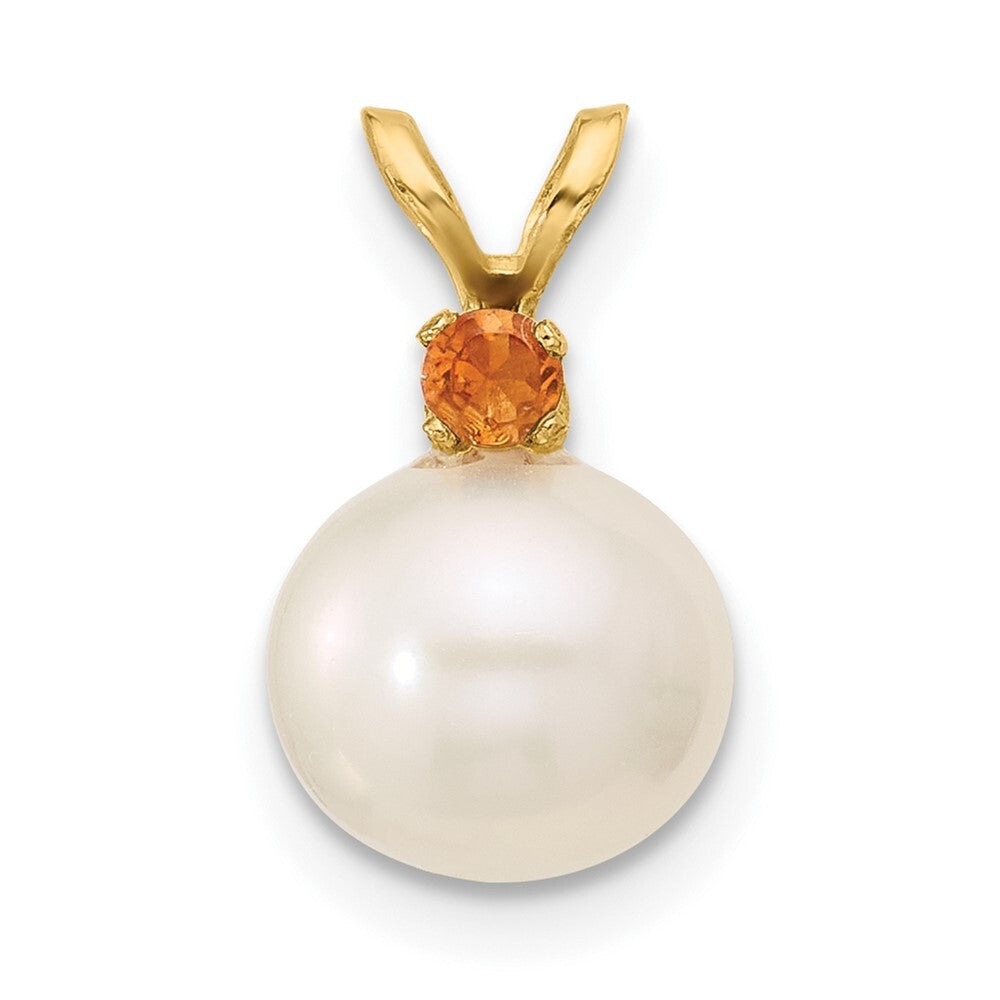 14k Yellow Gold 8-8.5mm White Round Freshwater Cultured Pearl & Citrine Pendant