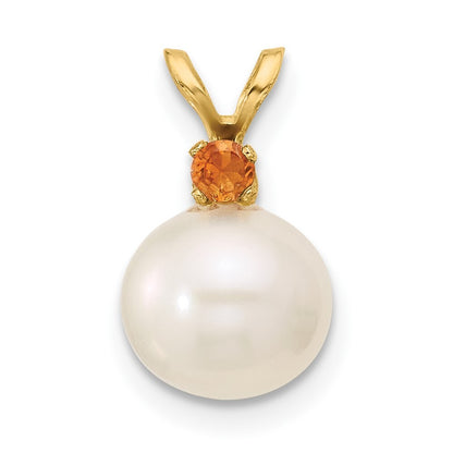 14k Yellow Gold 8-8.5mm White Round Freshwater Cultured Pearl & Citrine Pendant