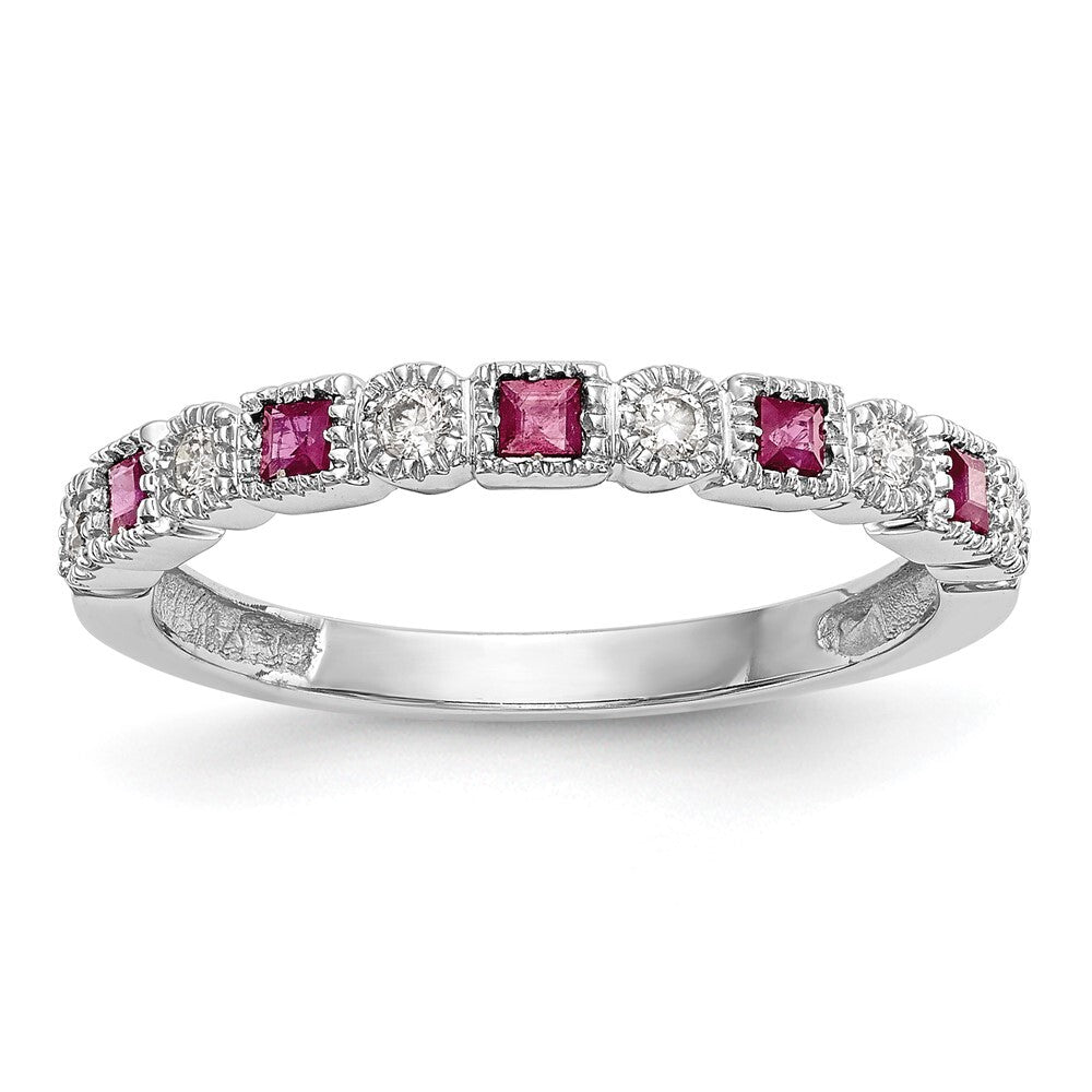 14k White Gold 1/10 carat Diamond and Ruby Complete Band Size 7