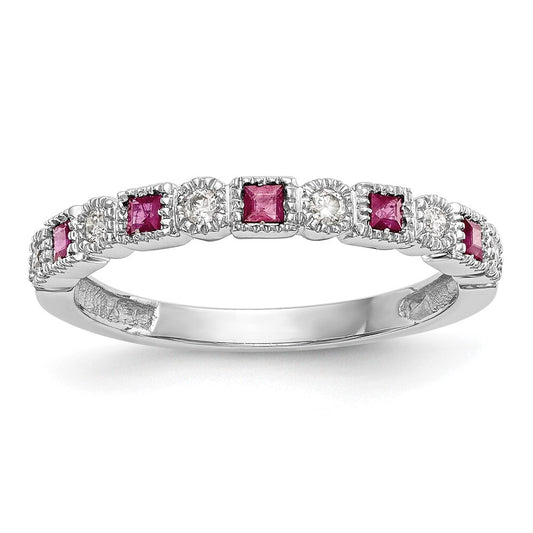 14k White Gold 1/10 carat Diamond and Ruby Complete Band Size 7