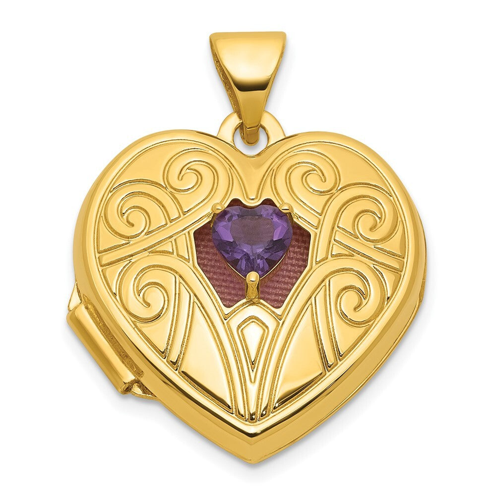 14k Yellow Gold Polished Amethyst February Birthstone 18mm Heart Locket Pendant