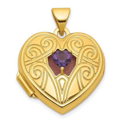 14k Yellow Gold Polished Amethyst February Birthstone 18mm Heart Locket Pendant