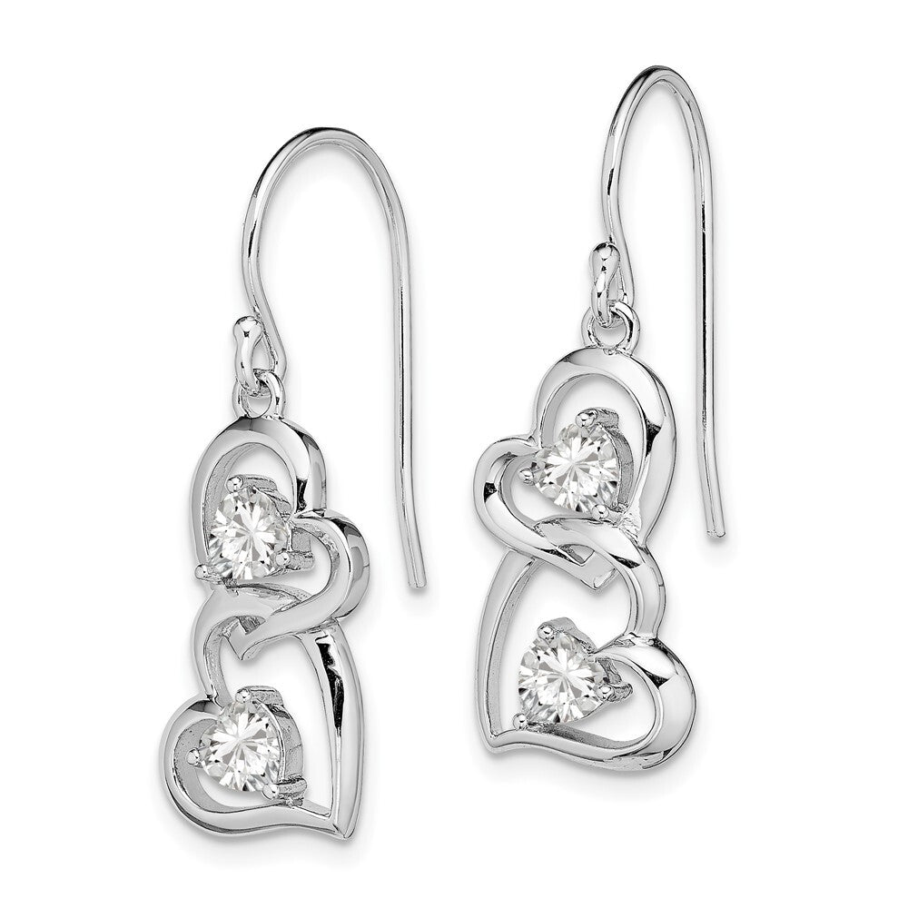 Sterling Silver RH-plated Cubic Zirconia Heart Dangle Shepherd Hook Earrings