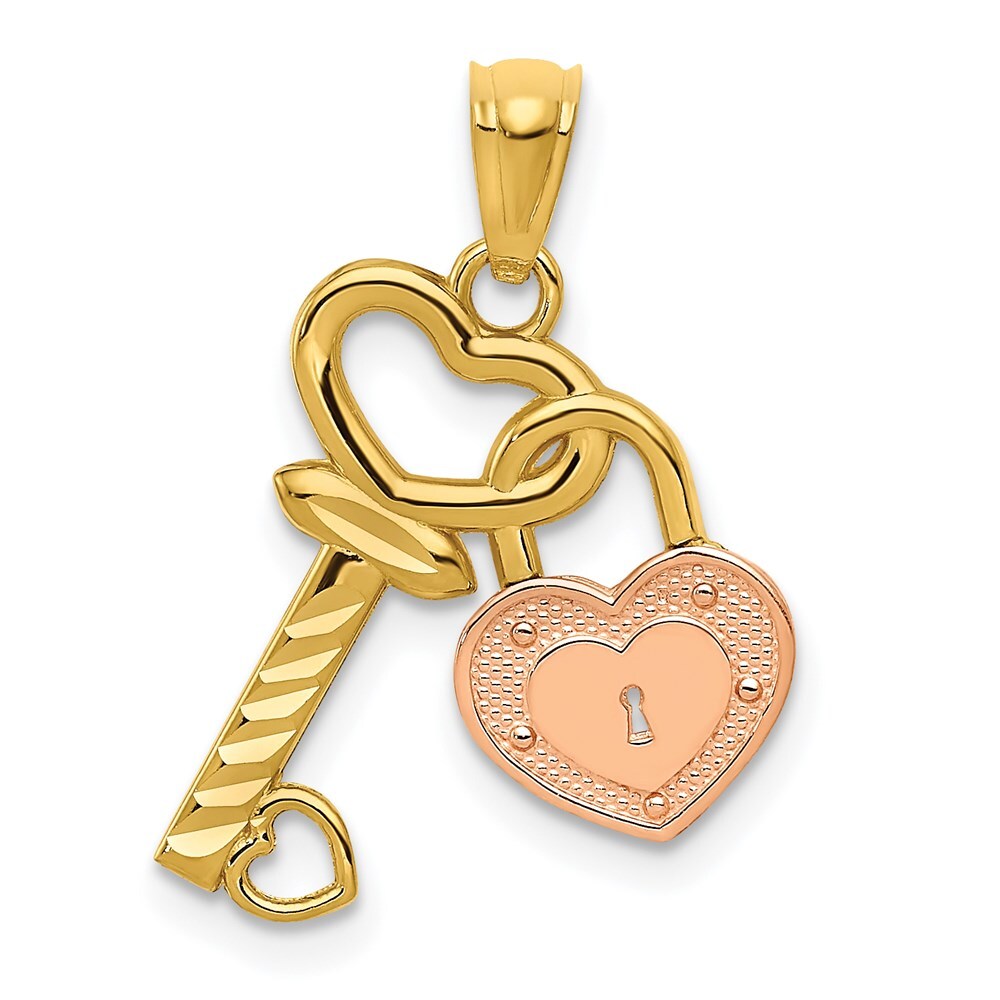 14k Two-tone Gold Heart Lock and Key Pendant for Women