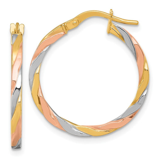 14k Yellow Gold with Rose & Rhodium Polished Twisted Tube Hoop Earrings