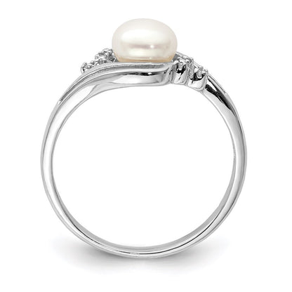 Sterling Silver Rhodium 6mm FW Cultured Button Pearl & Diamond Ring Size 8