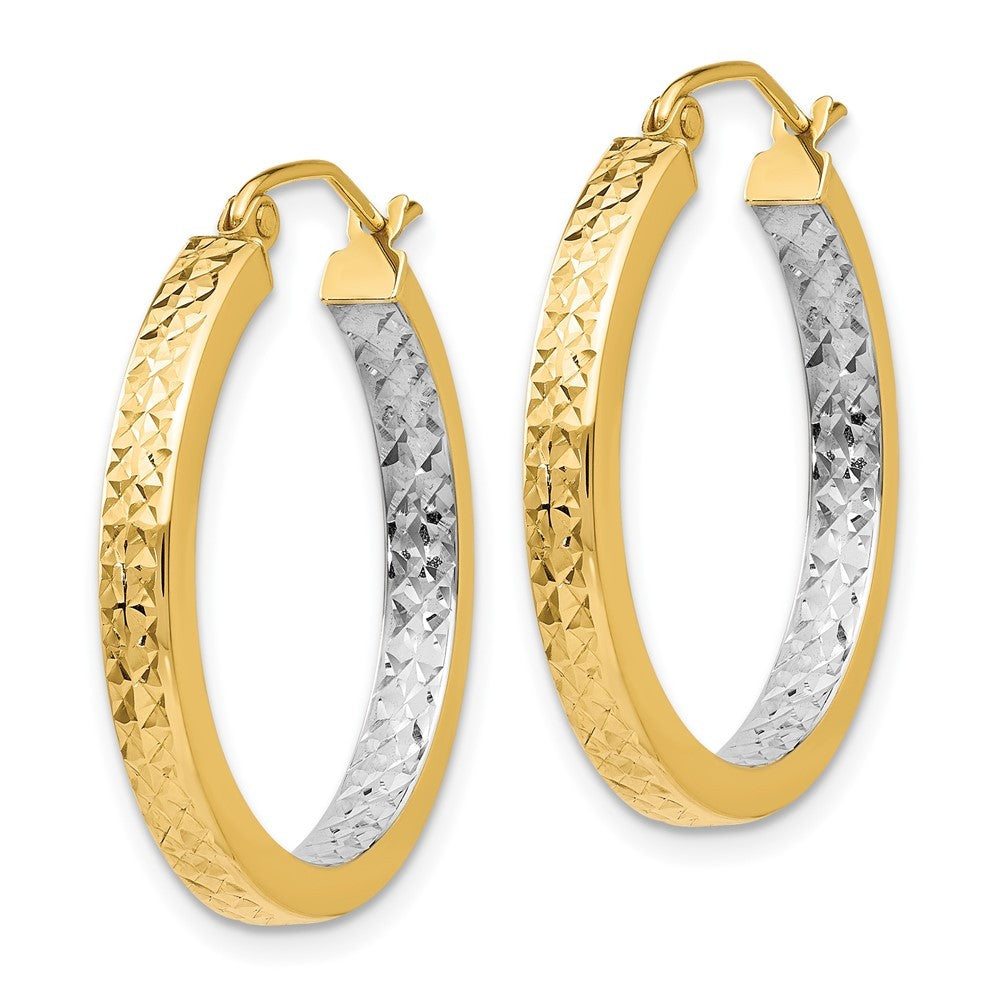 14k Yellow Gold White Rhodium Light Square Diamond Cut Hoop Earrings