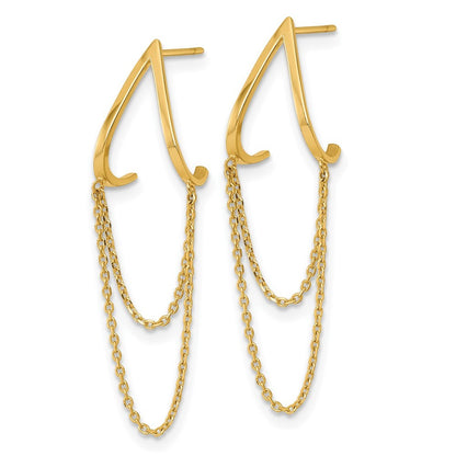 14k Yellow Gold Polished V Design with Dangle Chains Earrings