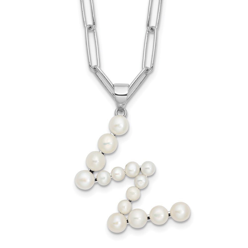 Sterling Silver 3-5.5mm White Button Cultured Pearl LETTER W Necklace 18"