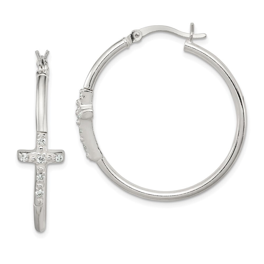 Sterling Silver Polished Cubic Zirconia Cross 2.5mm Round Hoop Earrings