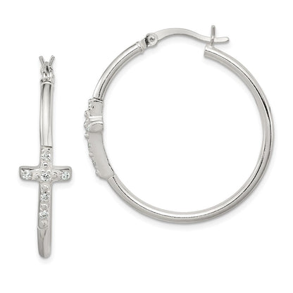 Sterling Silver Polished Cubic Zirconia Cross 2.5mm Round Hoop Earrings