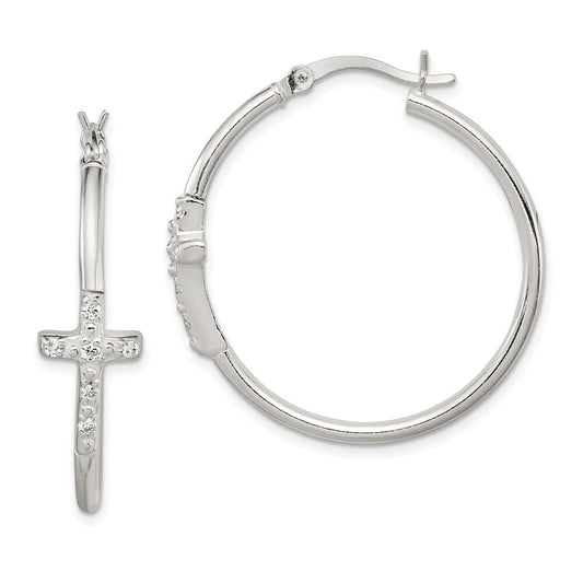 Sterling Silver Polished Cubic Zirconia Cross 2.5mm Round Hoop Earrings