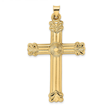 14k Yellow Gold Polished and Textured Circle Center Cross Pendant