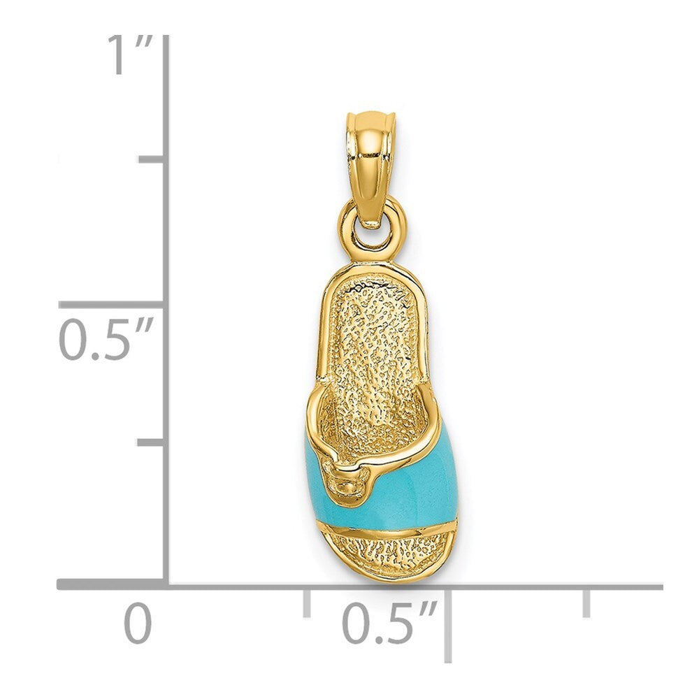 14k Yellow Gold 3D  Aqua Enamel Summer Slipper Charm Pendant for Women