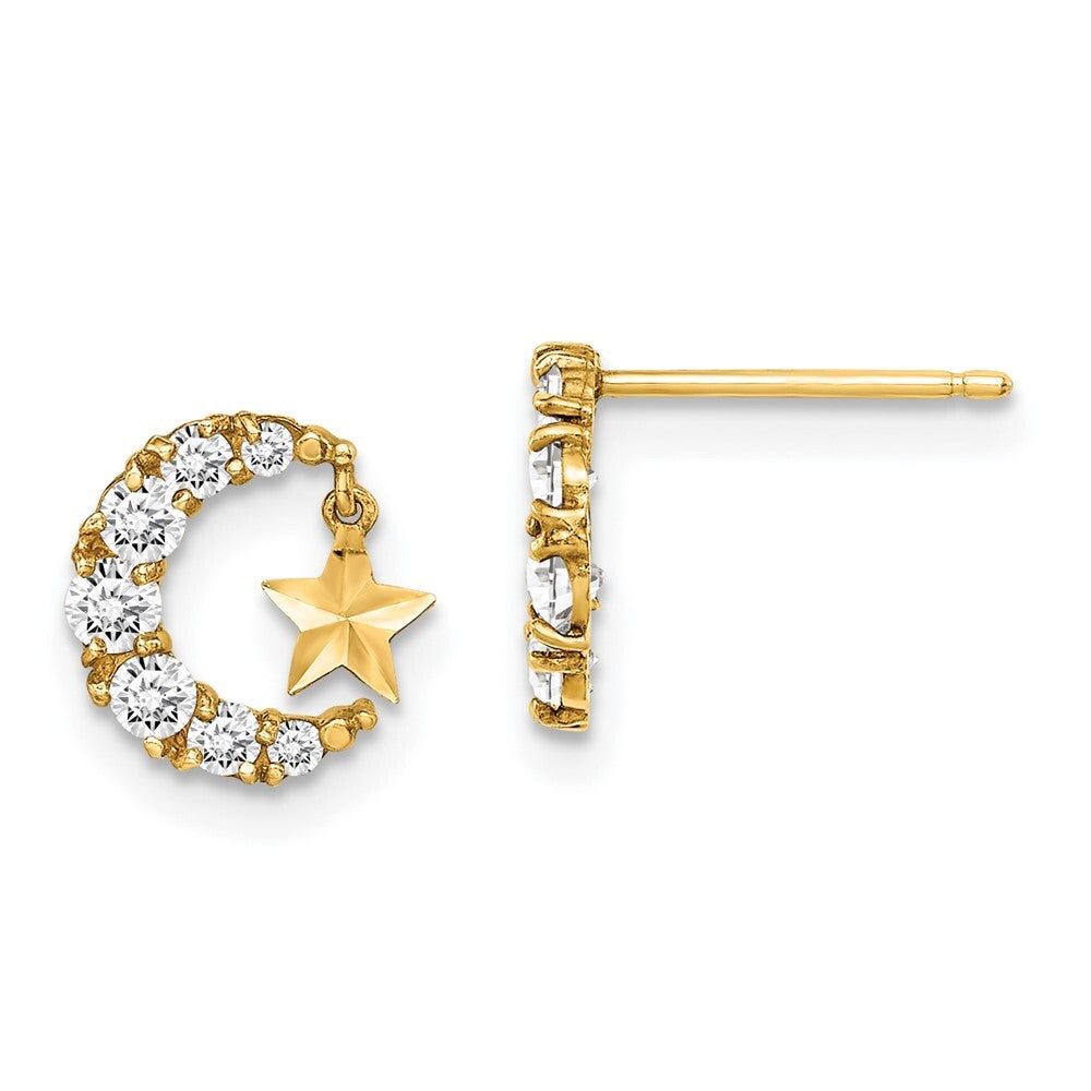 14k Yellow Gold Cubic Zirconia Crescent Moon with D/C Star Dangle Earrings