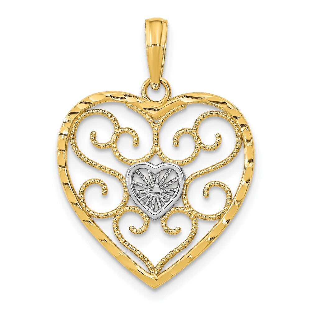 14k Yellow Gold Rhodium Filigree Beaded Heart Charm Pendant for Women