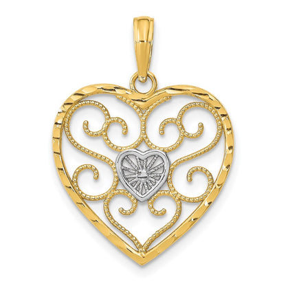 14k Yellow Gold Rhodium Filigree Beaded Heart Charm Pendant for Women
