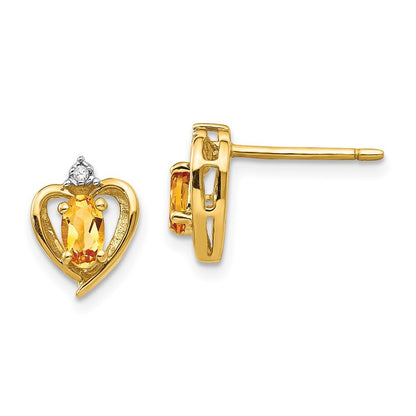 14k Yellow Gold Citrine and Diamond Heart Stud Earrings Gift for Women