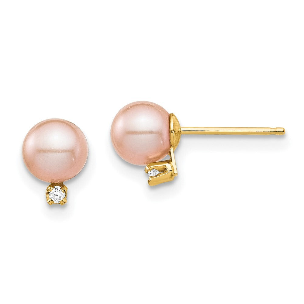 14k Yellow Gold 5-6mm Pink Cultured Pearl & .02 Carat Diamond Stud Earrings