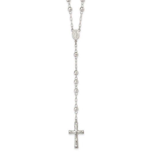Sterling Silver Polished and Textured Bead Rosary 26 inch Necklace