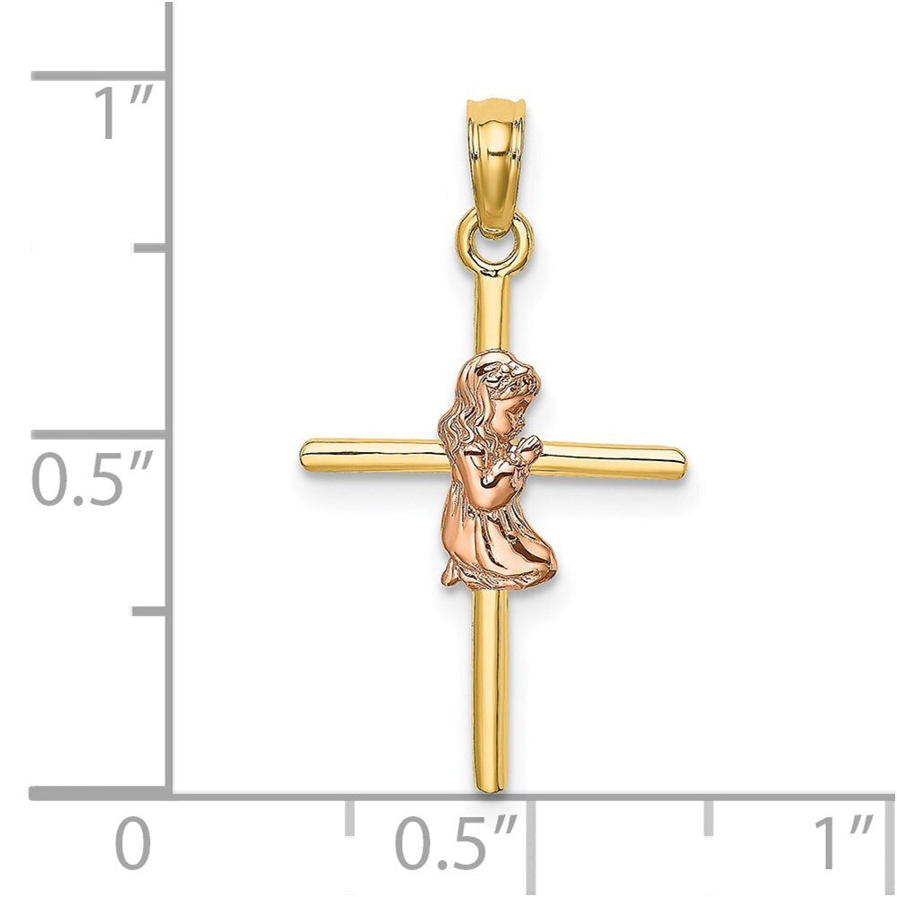 14k Two-tone Gold 2-D Girl On Cross Charm Pendant for Women