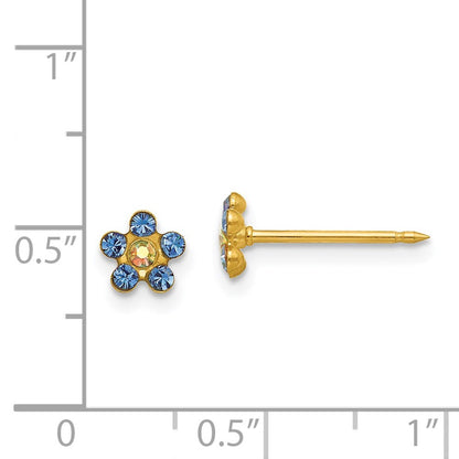 14k Yellow Gold Blue/Aurora Borealis Crystal Flower Stud Earrings