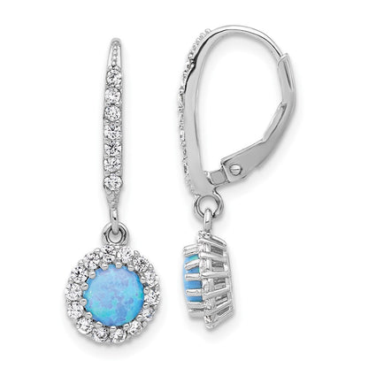 Sterling Silver Cubic Zirconia & Blue Cr. Opal Halo Dangle Leverback Earrings