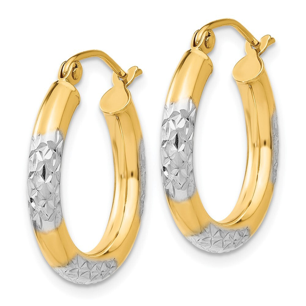 14k Yellow Gold & Rhodium Diamond-cut 3x20mm Hoop Earrings Gift for Women