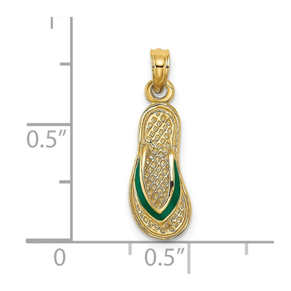 14k Yellow Gold 3D  Green Enamel Single Flip-Flop Charm Pendant for Women