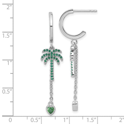 Sterling Silver Green Cubic Zirconia Palm Tree Heart Post Hoop Earrings