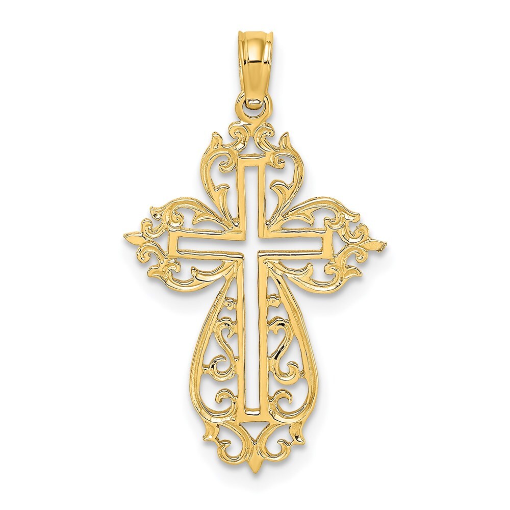 14k Yellow Gold Cut-Out Scroll Framed Cross Charm Pendant for Women