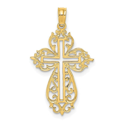 14k Yellow Gold Cut-Out Scroll Framed Cross Charm Pendant for Women