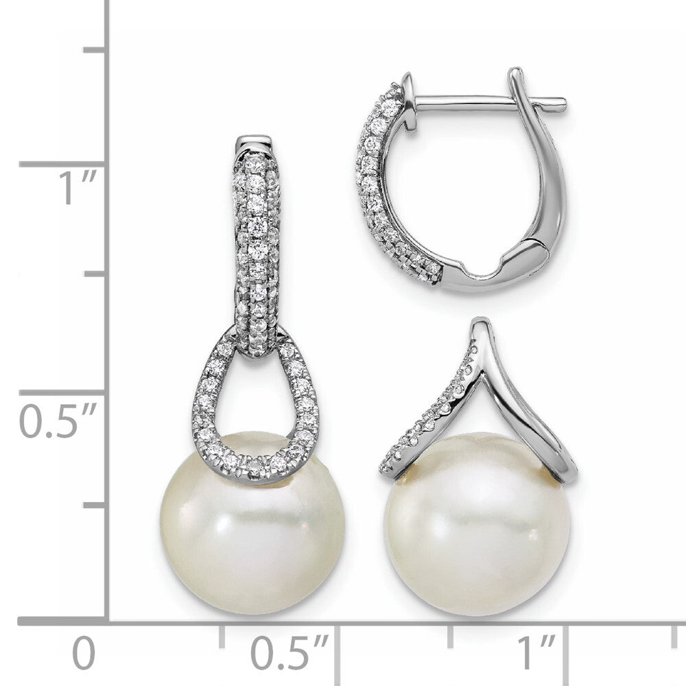 14K White Gold Polished Diamond and Pearl Dangle Hoop Earrings