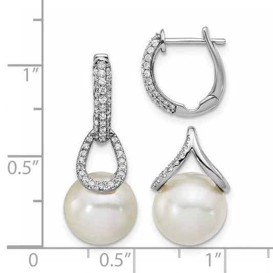 14K White Gold Polished Diamond and Pearl Dangle Hoop Earrings