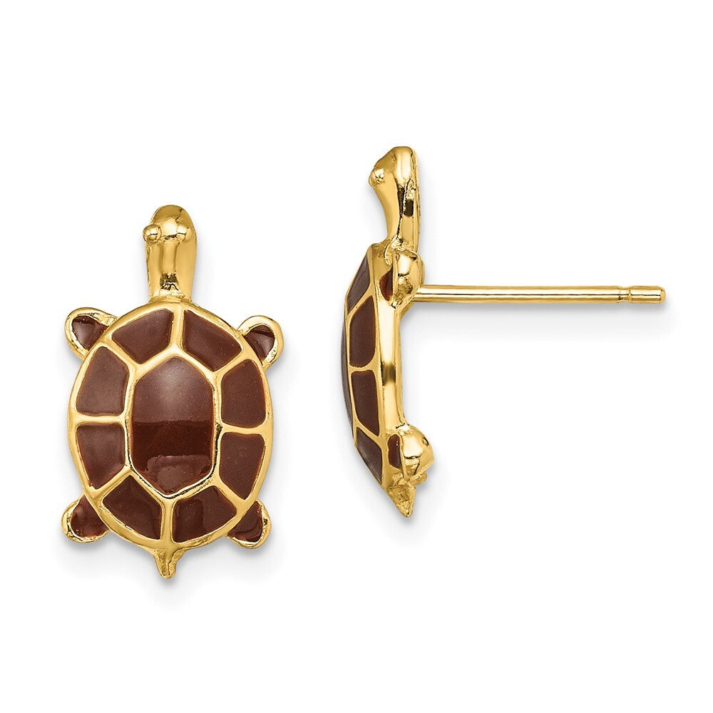 14k Yellow Gold Brown Enamel Sea Turtle Stud Earrings Gift for Women