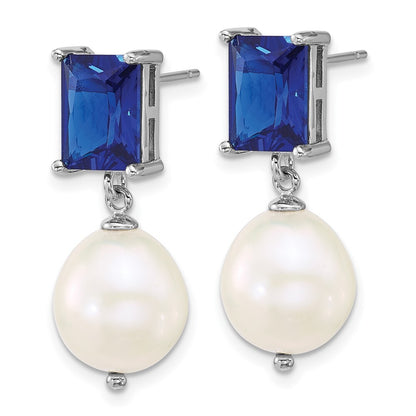 Sterling Silver Semi-Round Cultured Pearl & Blue Cubic Zirconia Dangle Earrings