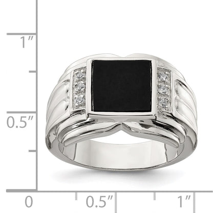 Sterling Silver Rhodium-plated Cubic Zirconia and Onyx Ring Size 9