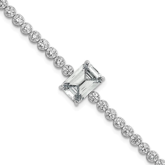 Sterling Silver Rhodium-plated Polished Round and Emerald-cut CZ 7.25" Bracelet