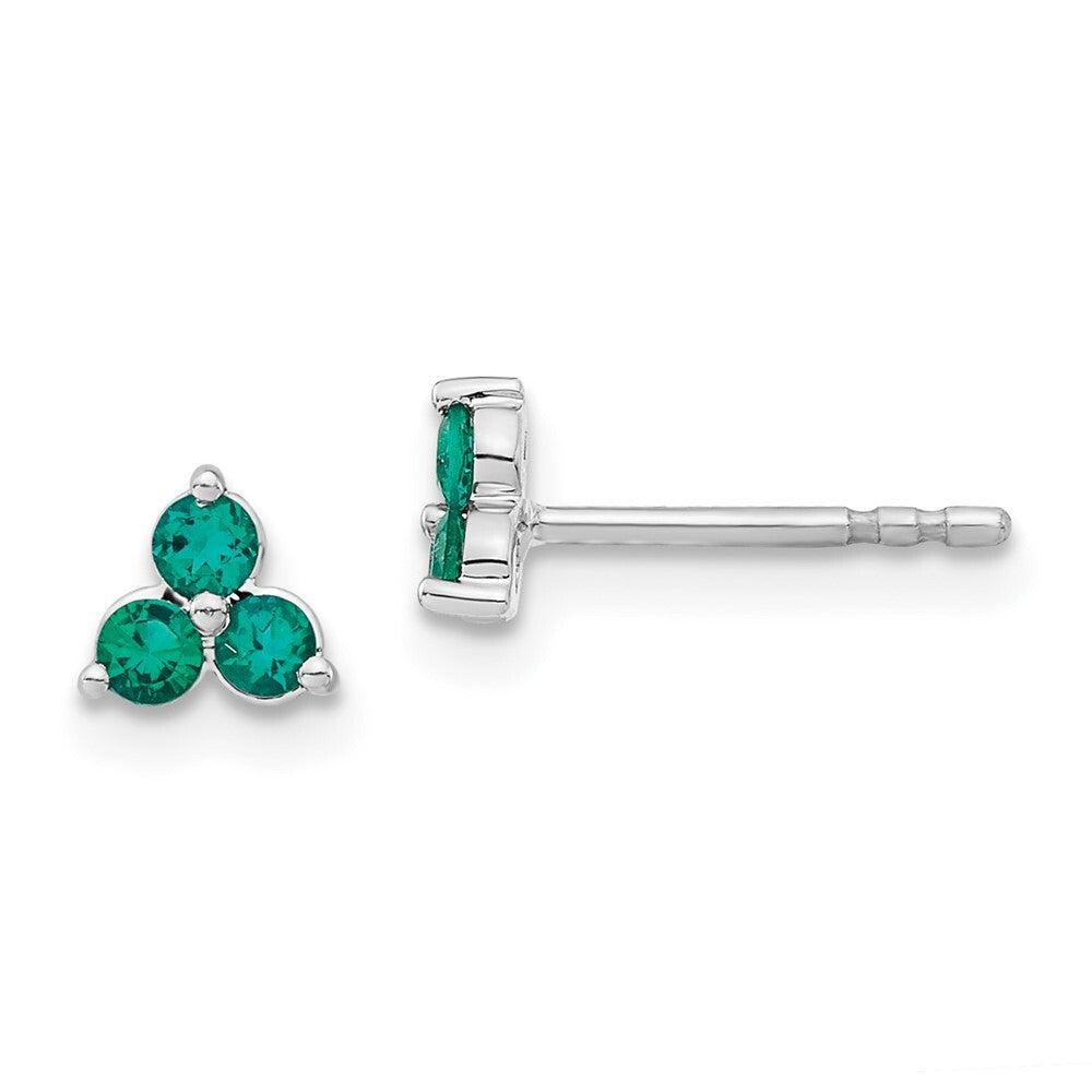 14k White Gold 3-stone Created Emerald Triangle Stud Earrings Gift for Women