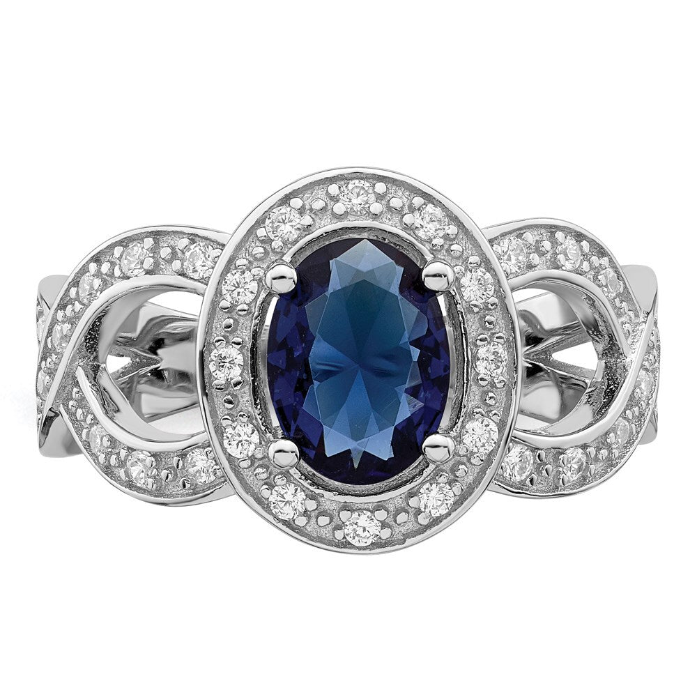 Sterling Silver Rhodium-plated Dark Blue Glass and Cubic Zirconia Ring Size 8